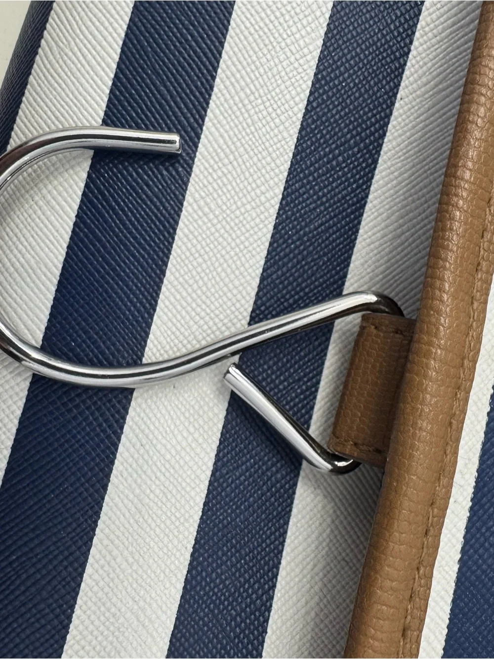 Stella & Dot Navy and White Striped Hanging Cosmetic Case with Brown Trim